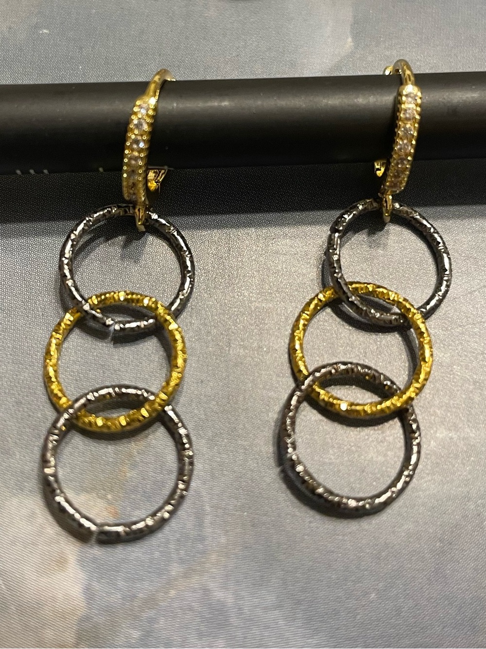 Gold and Black Triple Ring Drop Earrings — Women's Fashion Jewelry